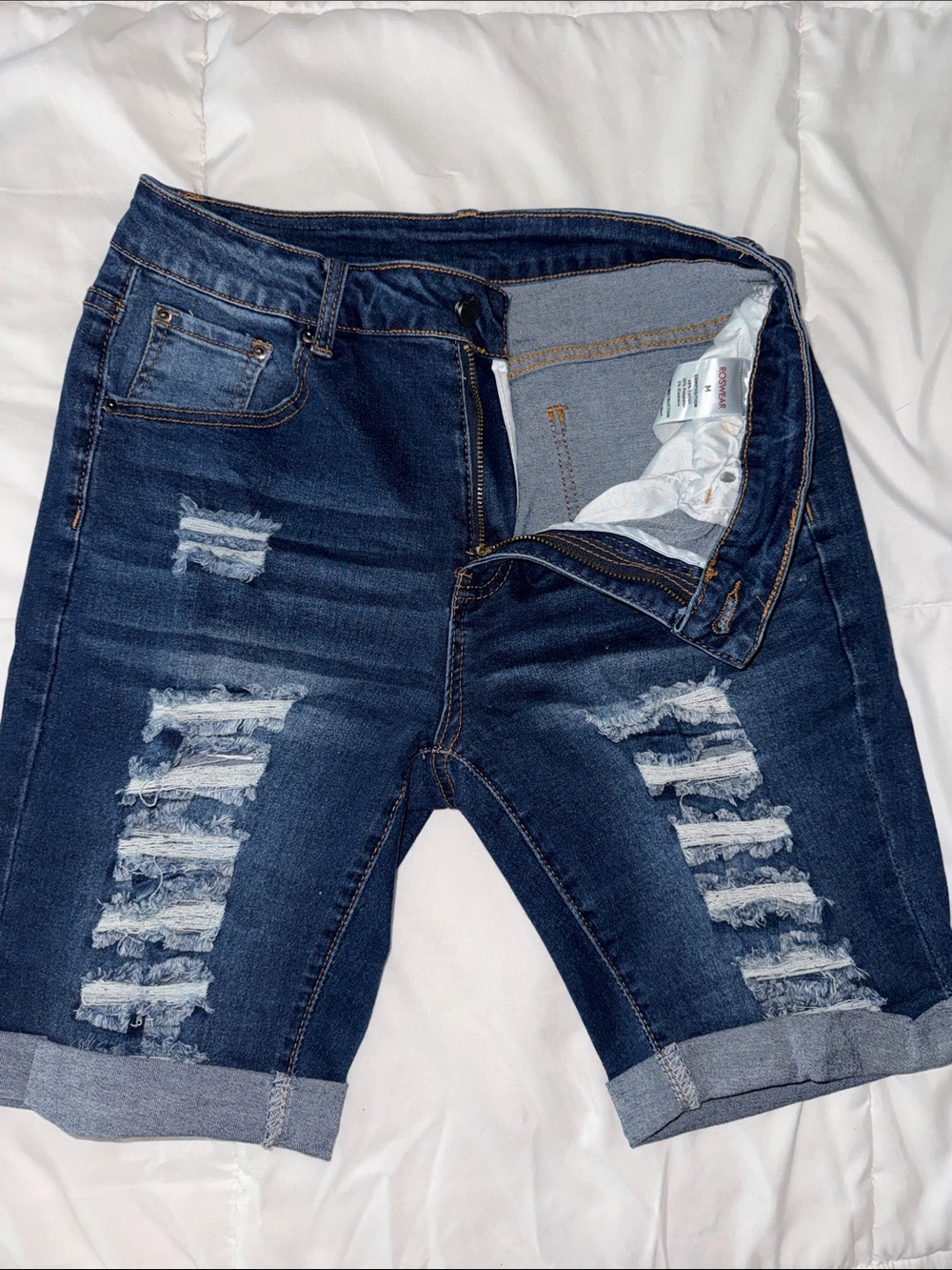 River Island Navy Distressed Roll-Hem Denim Shorts
